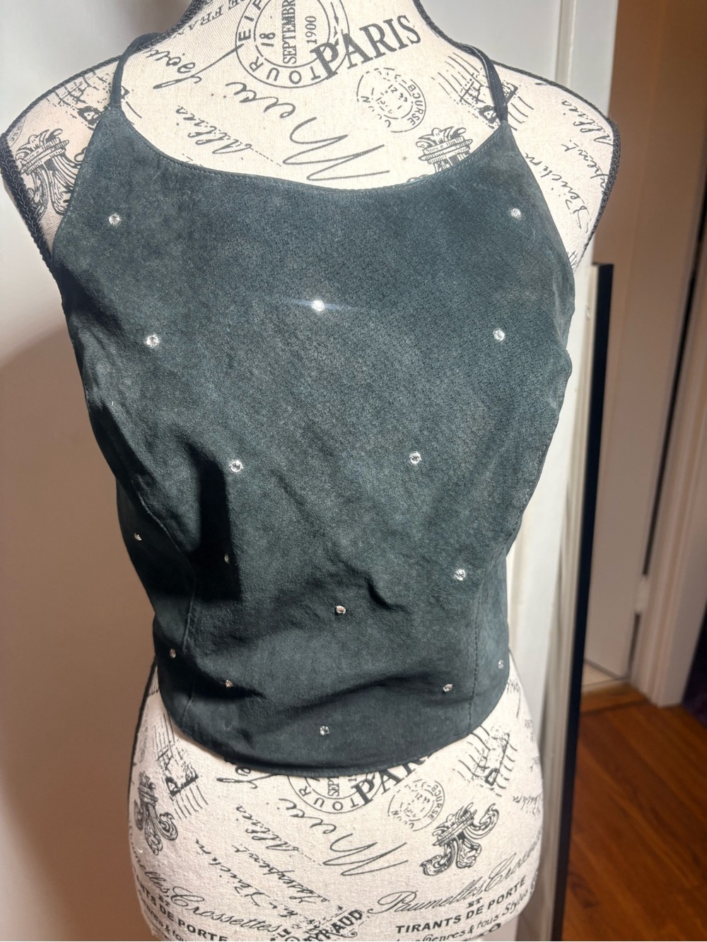 Vintage “Wilson’s Leather” Black Suede Halter With Rhinestone Embellishments